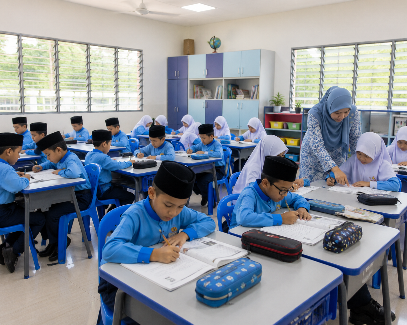 Primary school students learning in classroom