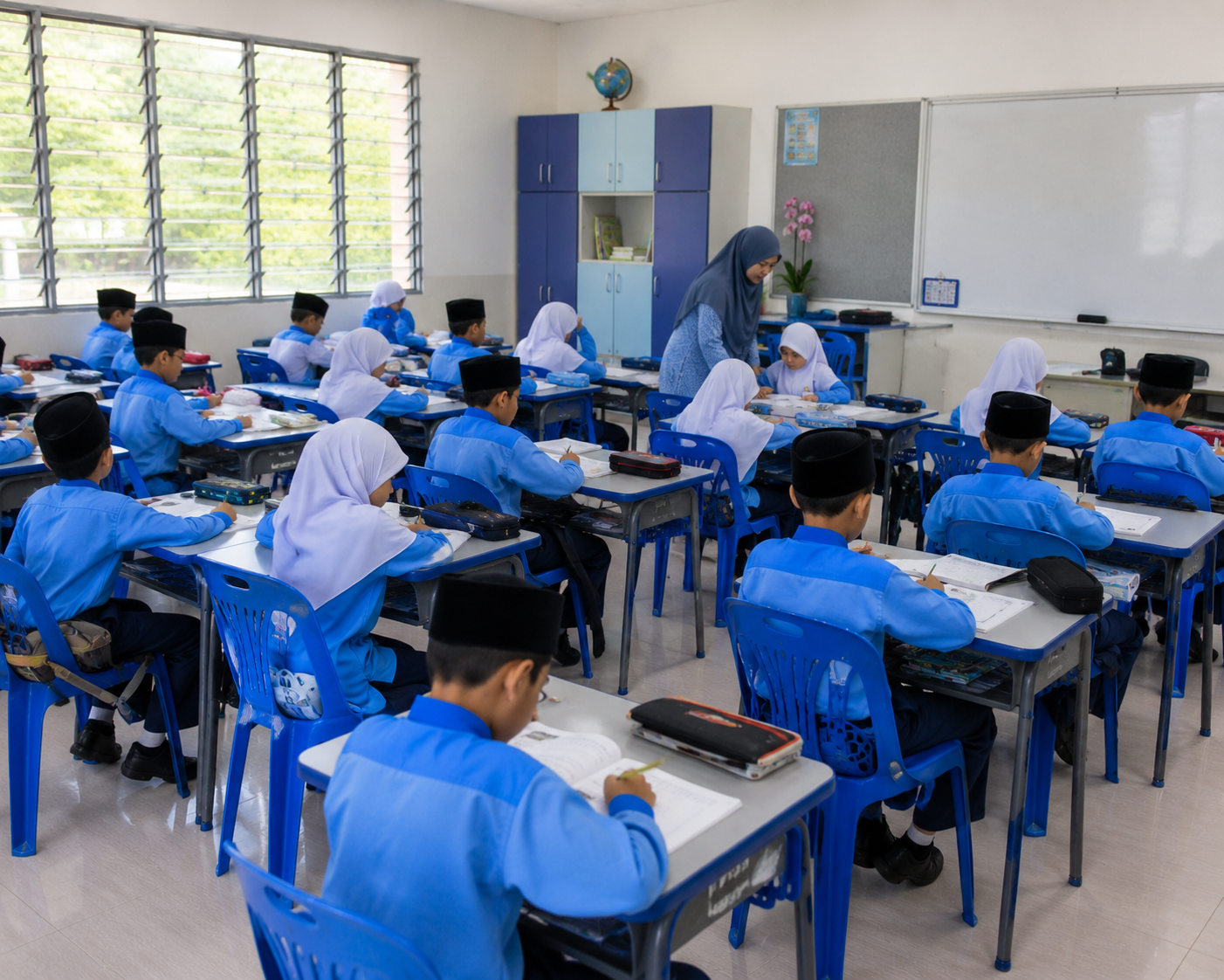Teacher guiding primary school students